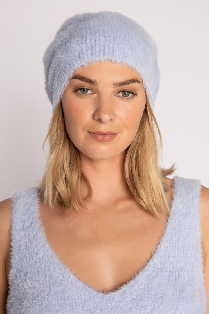 Light blue sweater-knit beanie-cap with fluffy pom-pom. (7231867617380)