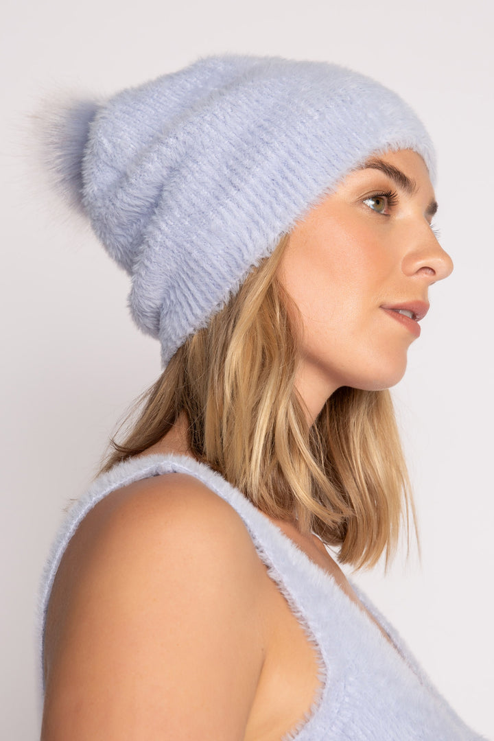 Light blue sweater-knit beanie-cap with fluffy pom-pom. (7231867617380)