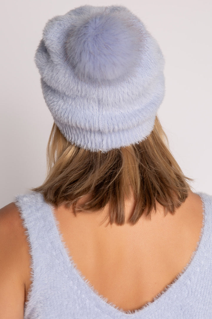 Light blue sweater-knit beanie-cap with fluffy pom-pom. (7231867617380)