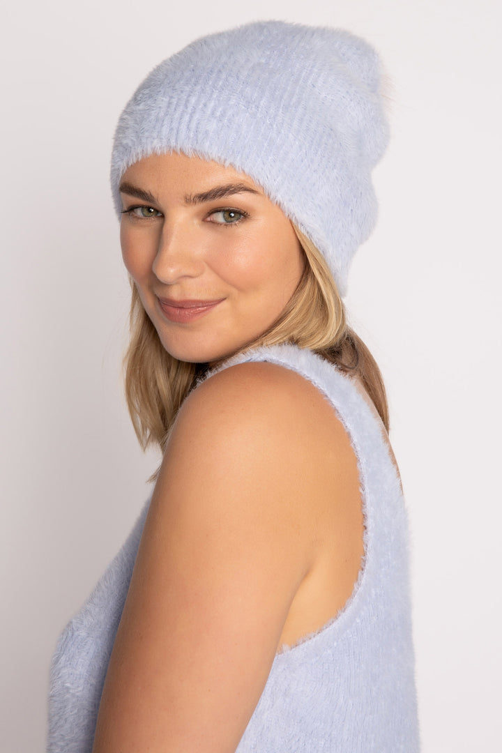 Light blue sweater-knit beanie-cap with fluffy pom-pom. (7231867617380)