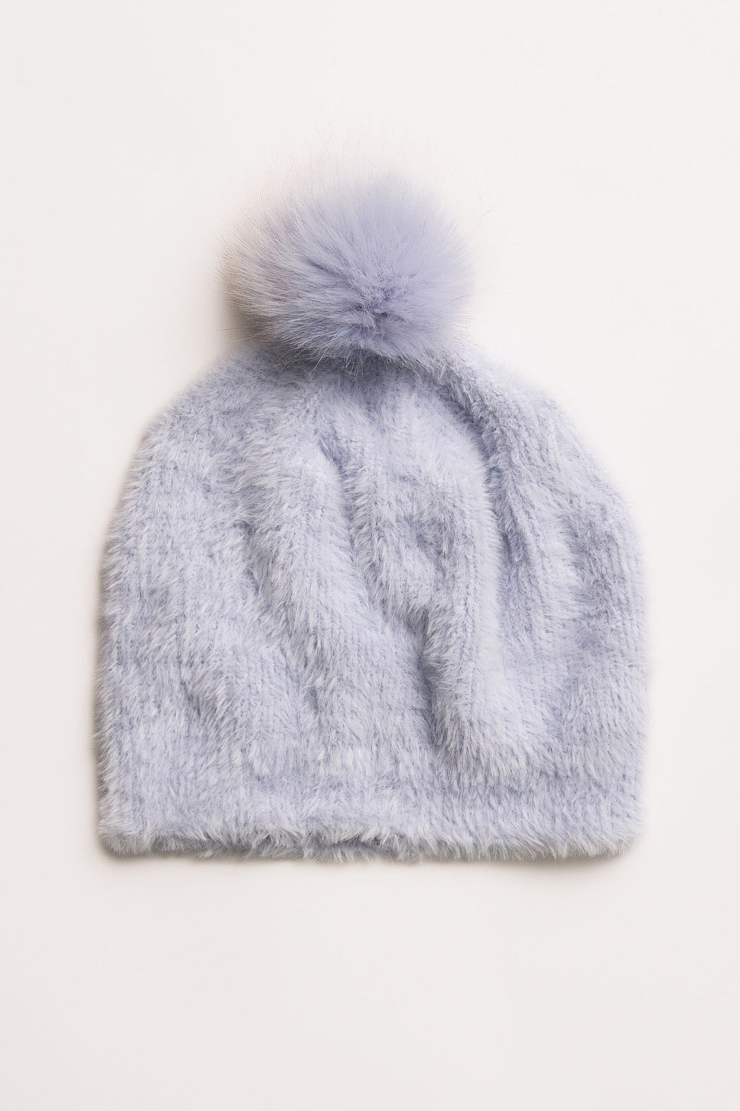 Light blue sweater-knit beanie-cap with fluffy pom-pom. (7231867617380)