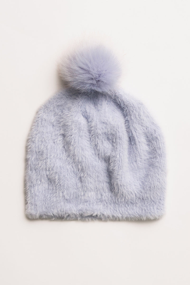 Light blue sweater-knit beanie-cap with fluffy pom-pom. (7231867617380)
