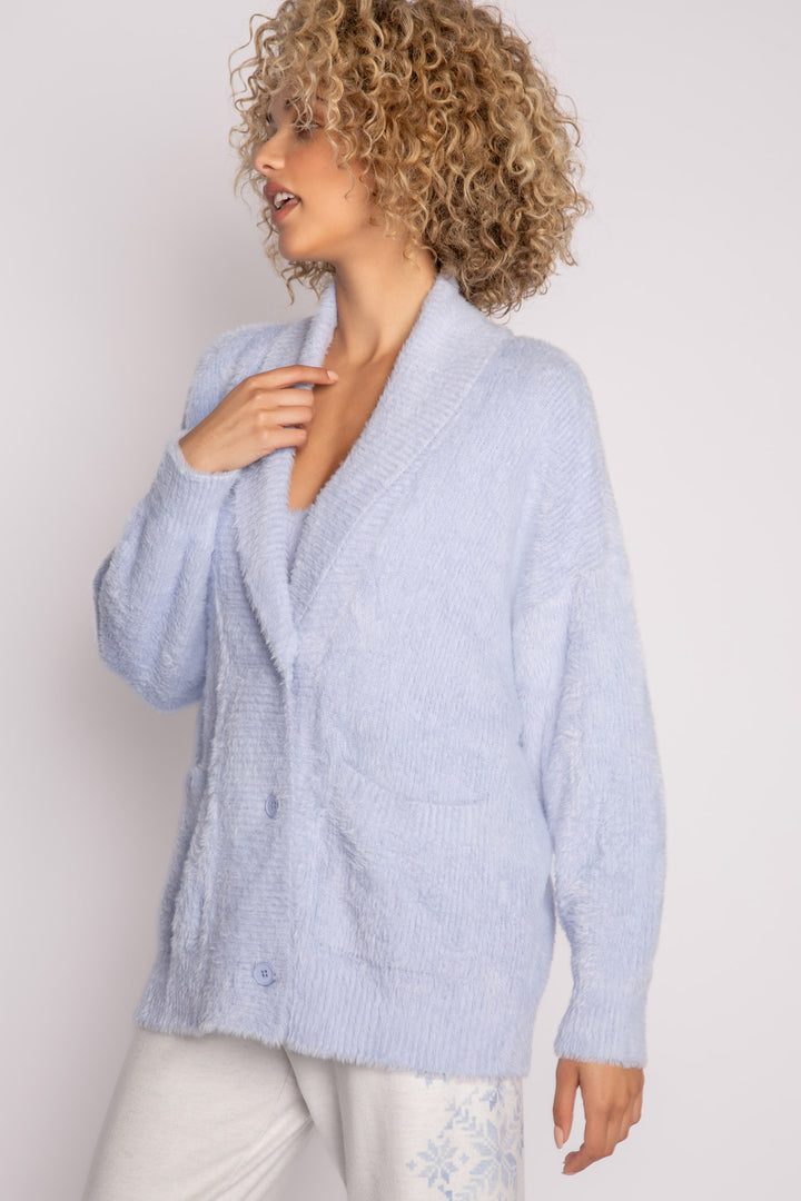 Light blue sweater-knit cardigan sweater with front patch pockets. 3-button front. (7231867650148)