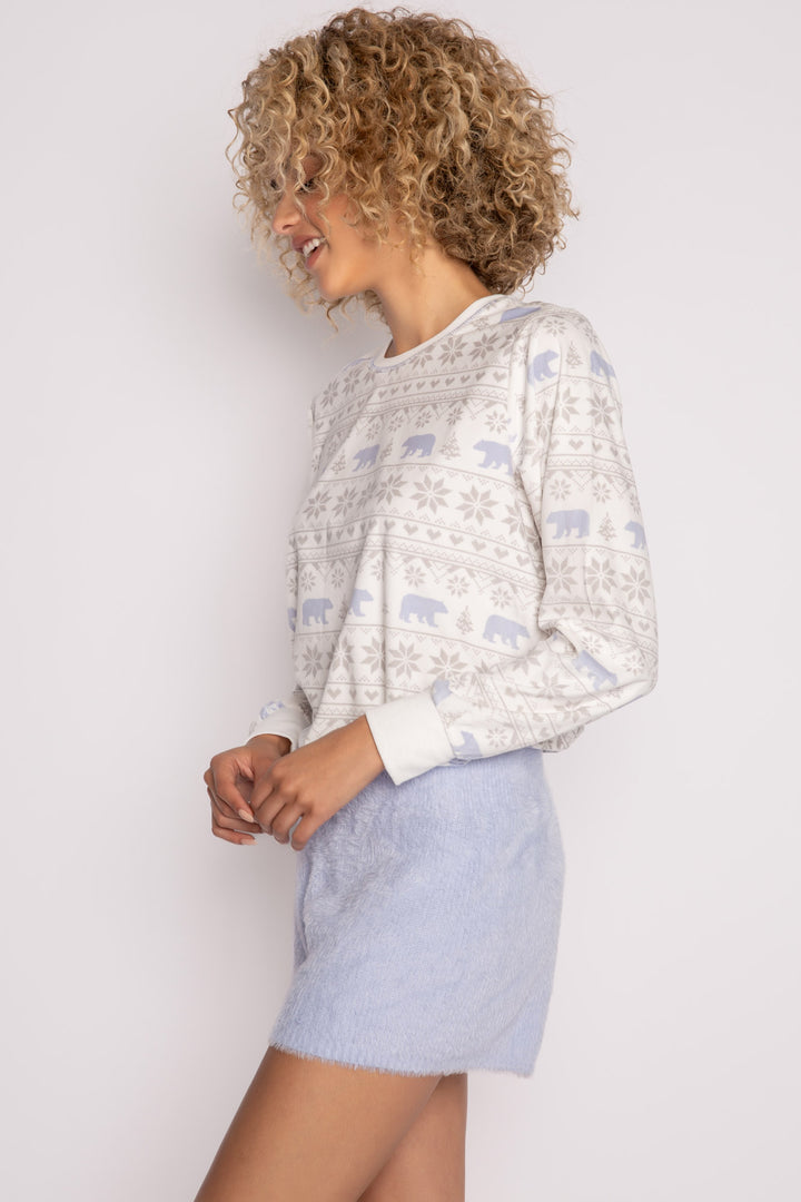 Light blue sweater-knit short with elastic waist, no tie. (7231867781220)