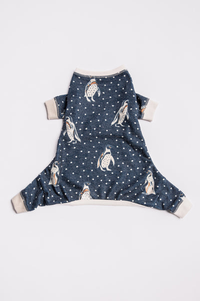 Navy dog-sweater in soft knit with penguin print. Ivory rib "sleeves" (7231867945060)