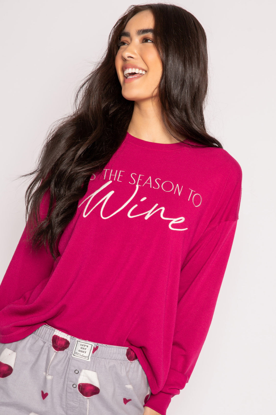 Maroon pullover fleece top with open hem & WINE embroidery lettering on front. (7231868534884)