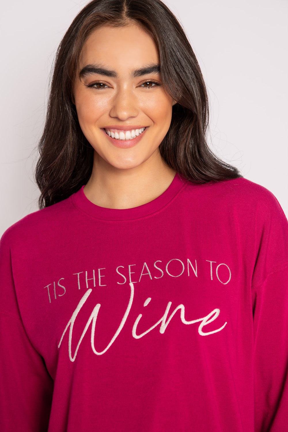 Maroon pullover fleece top with open hem & WINE embroidery lettering on front. (7231868534884)