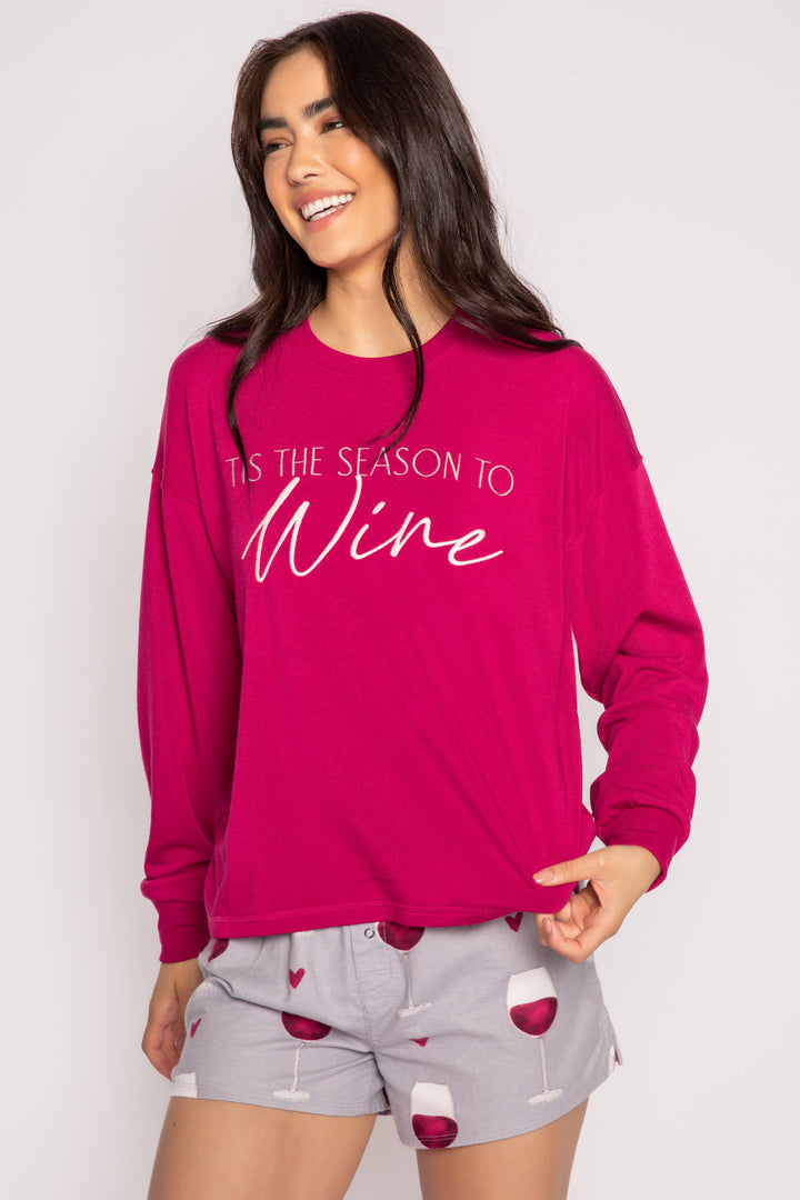Maroon pullover fleece top with open hem & WINE embroidery lettering on front. (7231868534884)