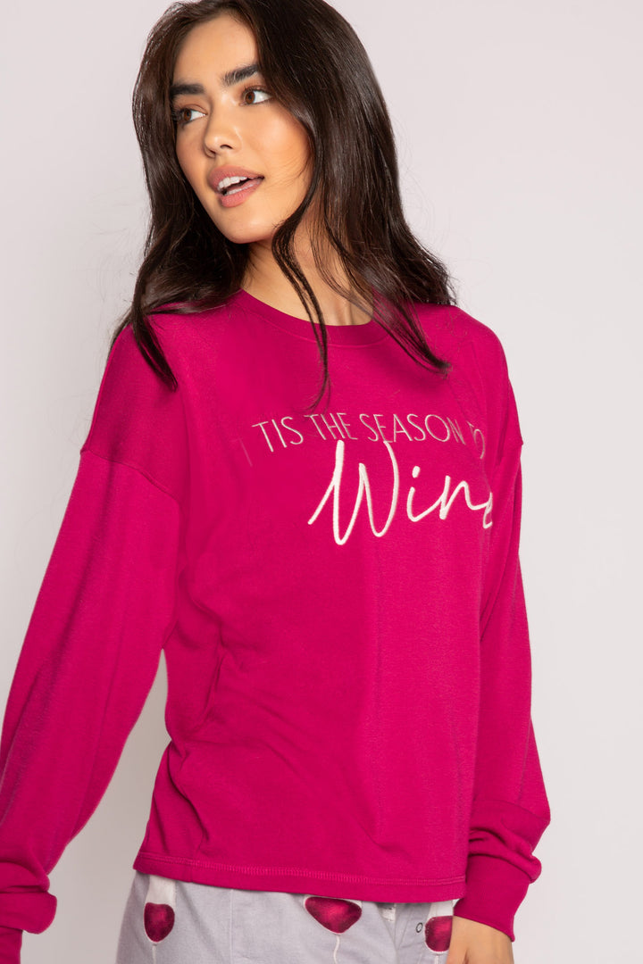 Maroon pullover fleece top with open hem & WINE embroidery lettering on front. (7231868534884)