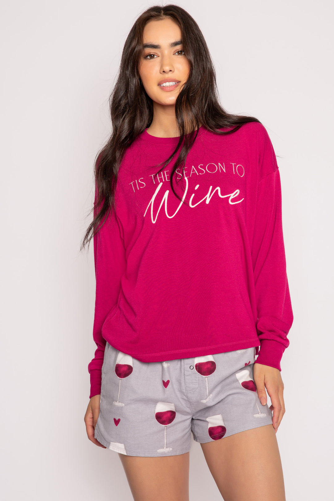 Maroon pullover fleece top with open hem & WINE embroidery lettering on front. (7231868534884)