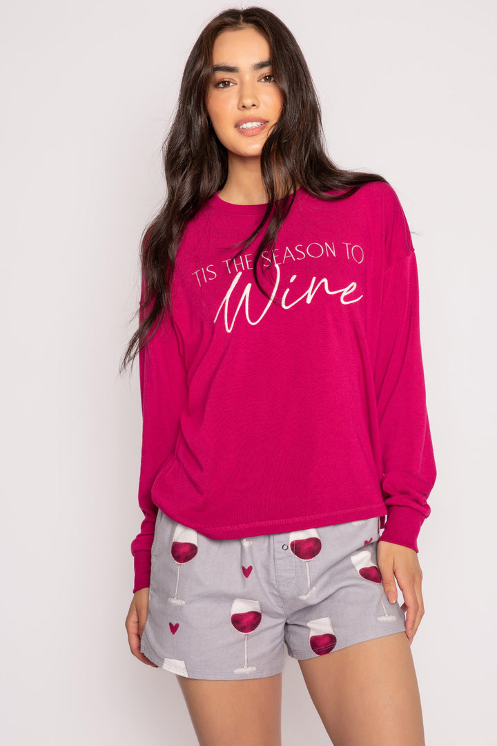 Maroon pullover fleece top with open hem & WINE embroidery lettering on front. (7231868534884)