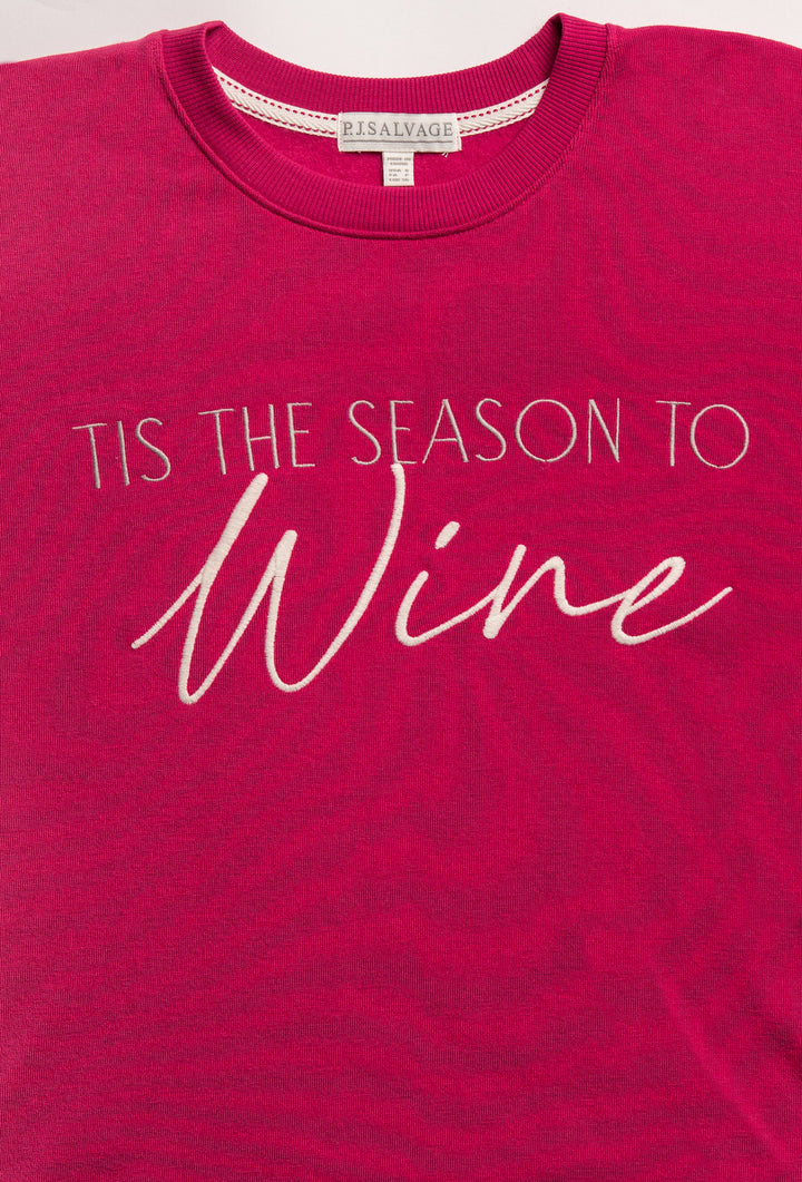 Maroon pullover fleece top with open hem & WINE embroidery lettering on front. (7231868534884)