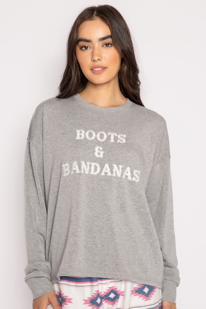 Grey fleece pullover top with embroidered "Boots & Bandanas" on chest. (7231868174436)