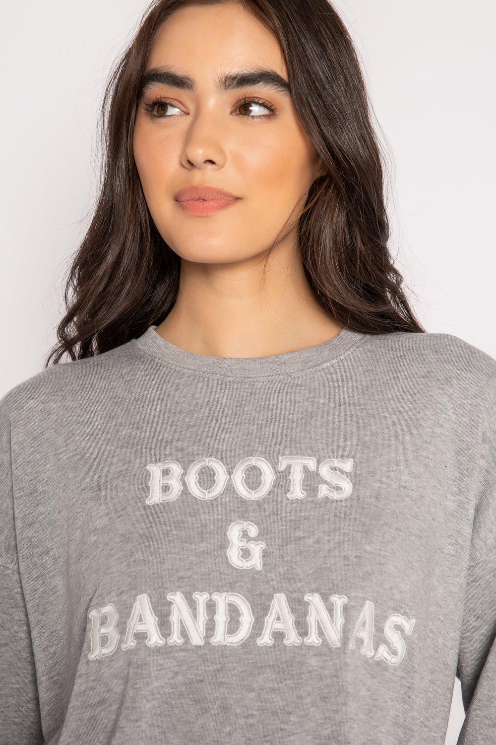 Grey fleece pullover top with embroidered "Boots & Bandanas" on chest. (7231868174436)