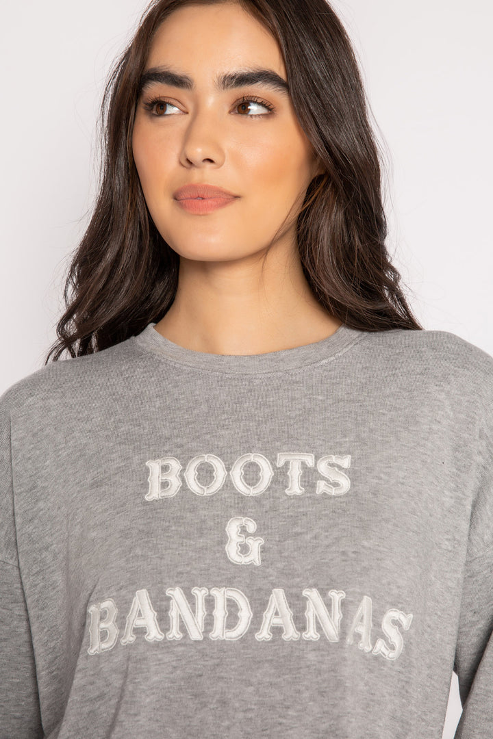 Grey fleece pullover top with embroidered "Boots & Bandanas" on chest. (7231868174436)