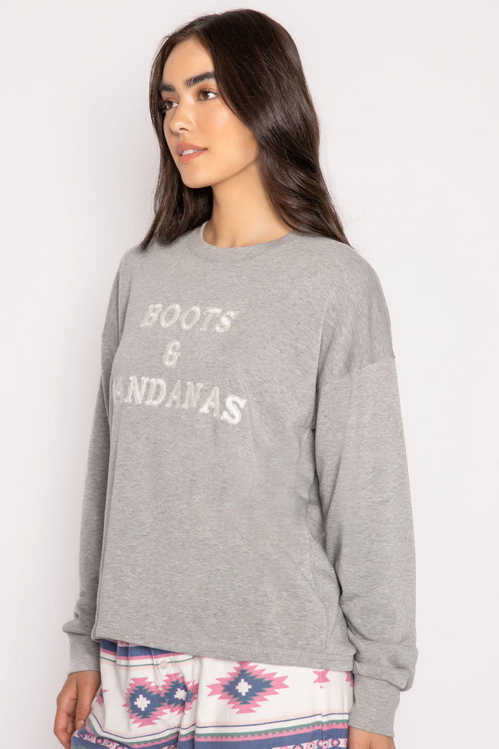 Grey fleece pullover top with embroidered "Boots & Bandanas" on chest. (7231868174436)