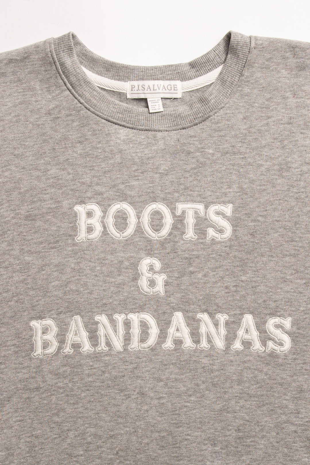 Grey fleece pullover top with embroidered "Boots & Bandanas" on chest. (7231868174436)
