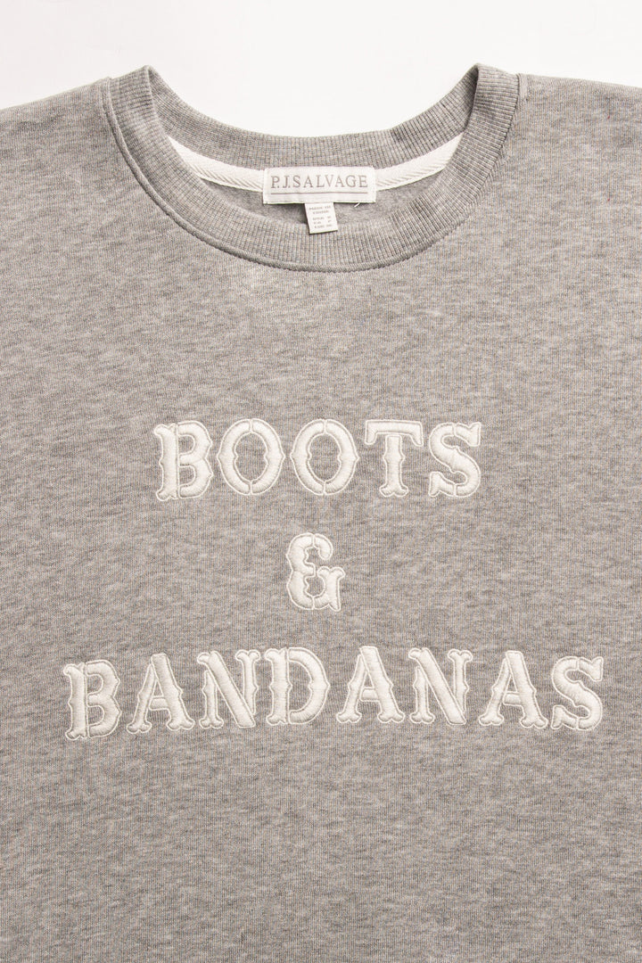 Grey fleece pullover top with embroidered "Boots & Bandanas" on chest. (7231868174436)