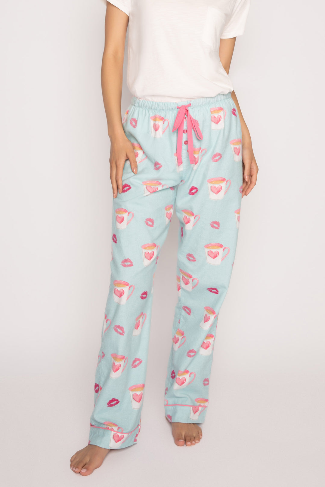 Aqua cotton flannel pajama pant with coffee cup & love print. Relaxed fit & tie waist. (7231868797028)