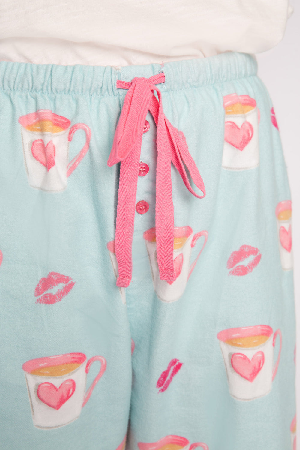 Aqua cotton flannel pajama pant with coffee cup & love print. Relaxed fit & tie waist. (7231868797028)