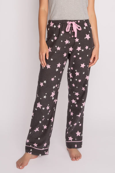 Charcoal flannel pajama pant in brushed cotton with ivory & pink star pattern. (7231868567652)