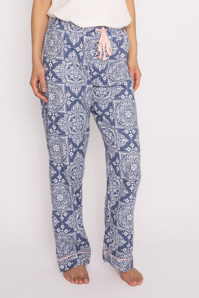 Cotton flannel pajama pant in blue-white bandana print. Pink tie-waist. (7231868928100)