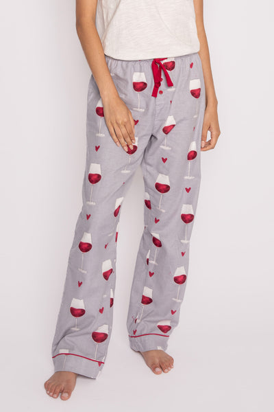 Light grey flannel pajama pant in brushed cotton with red wine glass pattern. (7231869157476)