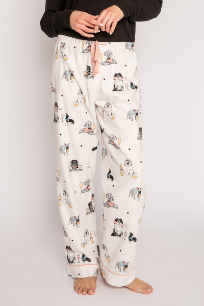 Ivory cotton flannel pajama pant with dog & cocktail print. Relaxed fit & tie waist. (7231869059172)