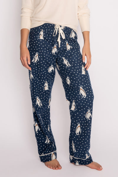 Navy flannel pajama pant in brushed cotton with white penguin pattern. (7231868633188)