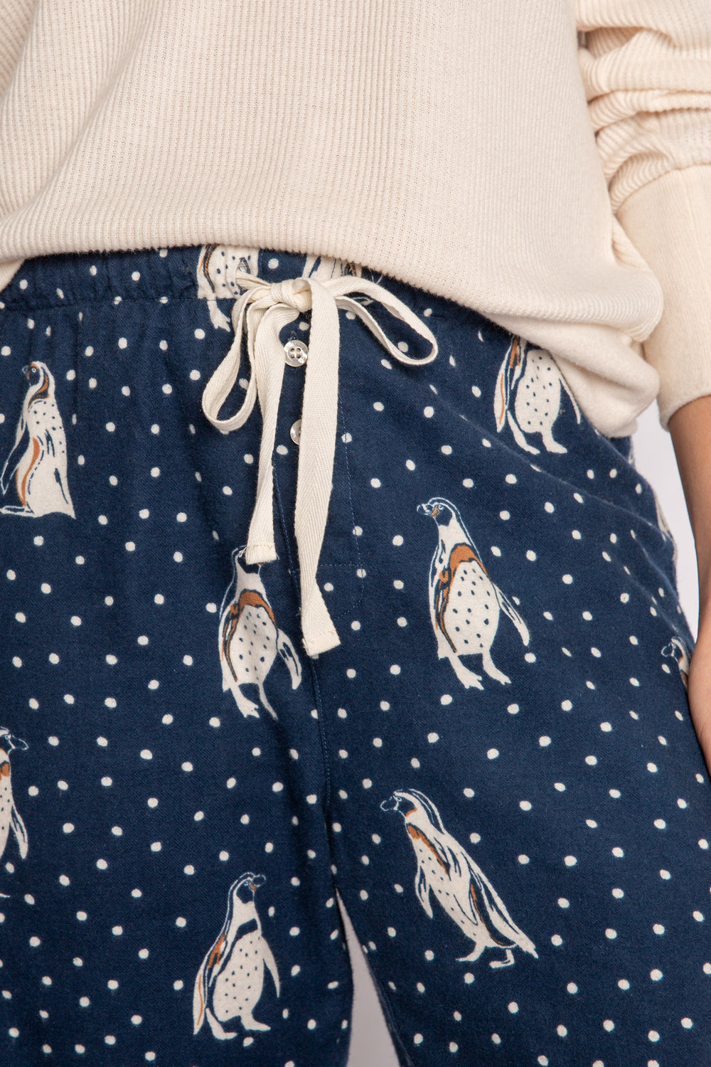 Navy flannel pajama pant in brushed cotton with white penguin pattern. (7231868633188)