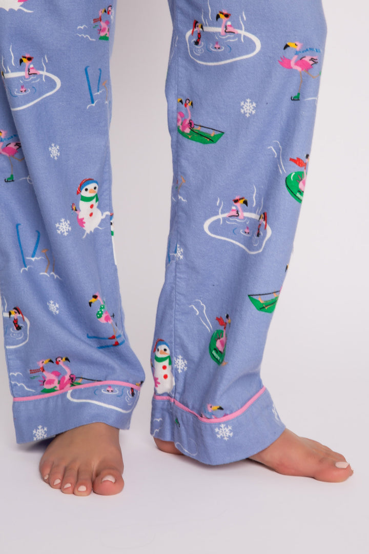 Peri flannel pajama pant in brushed cotton with pink flamingo & snowflake pattern. (7231869321316)