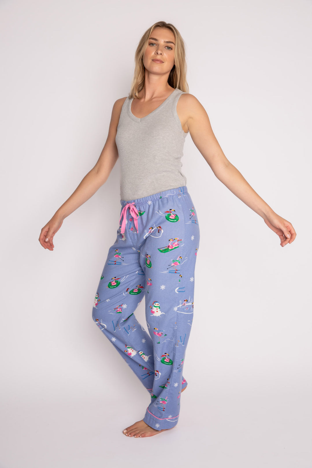 Peri flannel pajama pant in brushed cotton with pink flamingo & snowflake pattern. (7231869321316)
