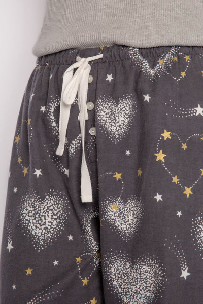 Grey cotton flannel pajama pant with starry-heart print. Relaxed fit & tie waist. (7231869255780)