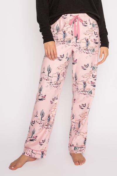 Cotton flannel pajama pant in pink cactus & cowgirl print. Pink tie-waist. (7231869223012)