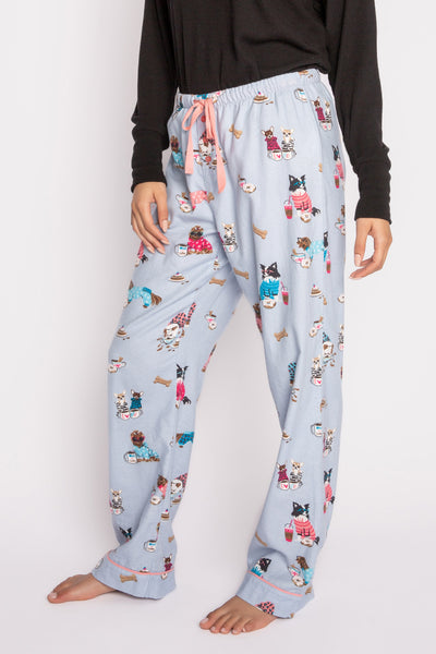 Cotton flannel pajama pant in sky blue dog print. Pink tie-waist. (7231869026404)
