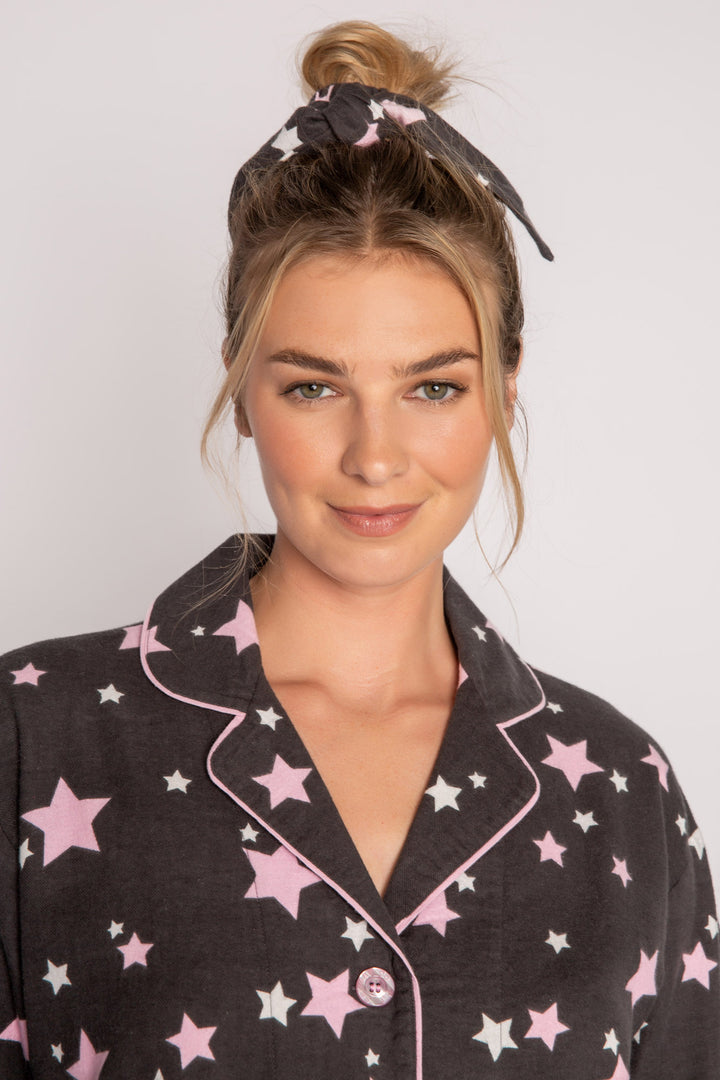 Charcoal flannel pj set in cotton with ivory & pink star pattern. With matching hair wrap. (7231869452388)