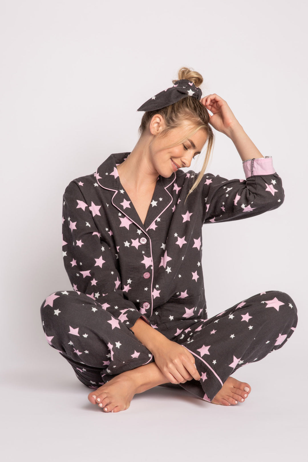 Charcoal flannel pj set in cotton with ivory & pink star pattern. With matching hair wrap. (7231869452388)