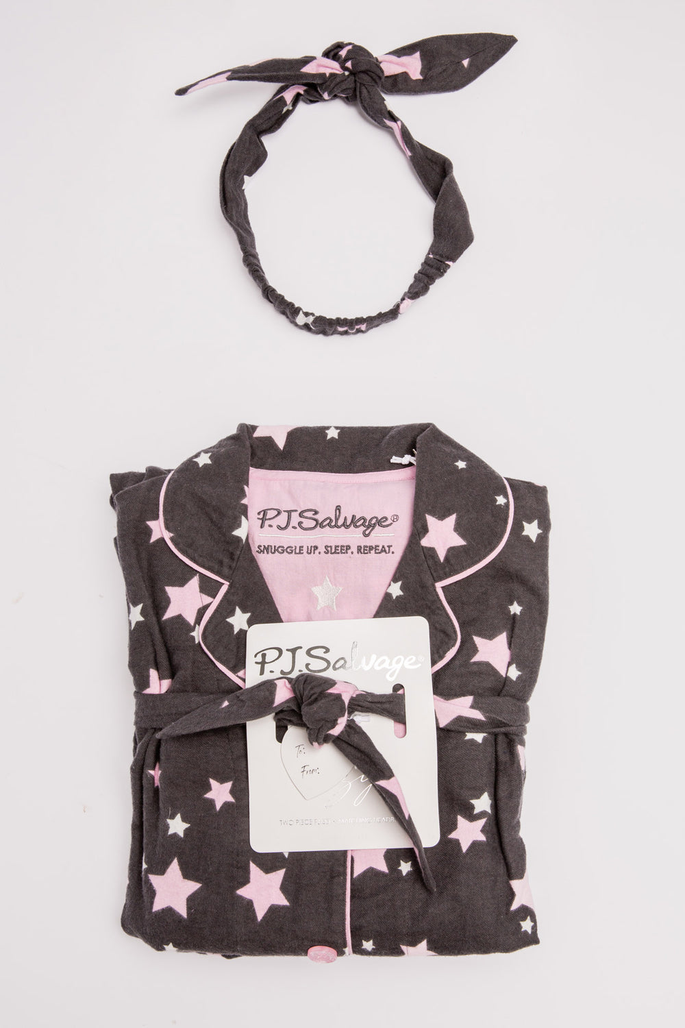 Charcoal flannel pj set in cotton with ivory & pink star pattern. With matching hair wrap. (7231869452388)