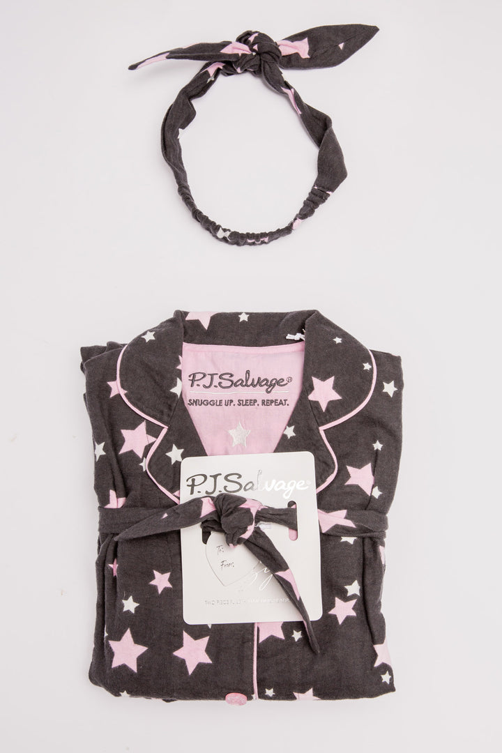 Charcoal flannel pj set in cotton with ivory & pink star pattern. With matching hair wrap. (7231869452388)