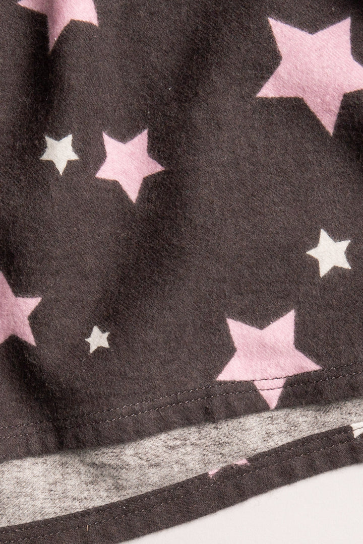 Charcoal flannel pj set in cotton with ivory & pink star pattern. With matching hair wrap. (7231869452388)