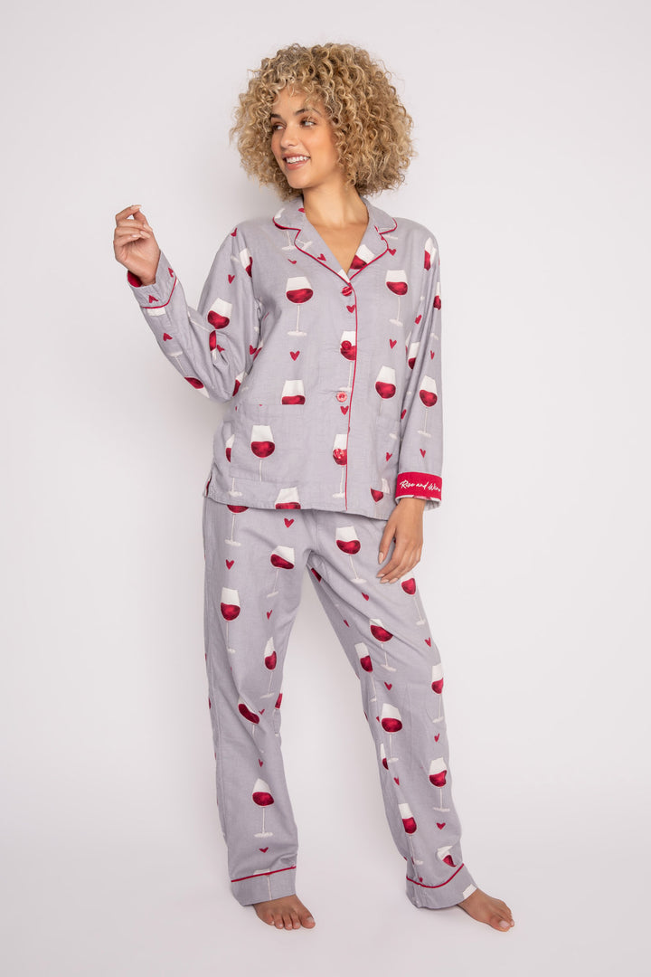 Light grey flannel pj set in cotton with red wine glass pattern. With matching hair wrap. (7231870140516)