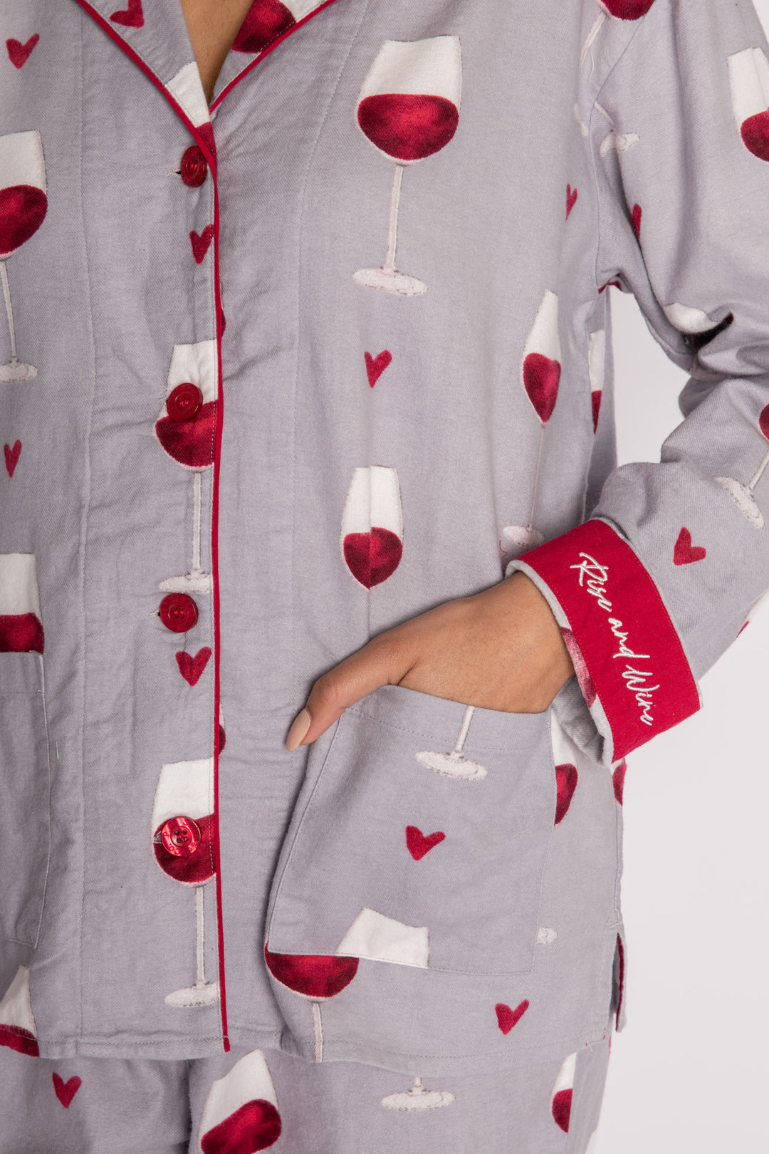 Light grey flannel pj set in cotton with red wine glass pattern. With matching hair wrap. (7231870140516)
