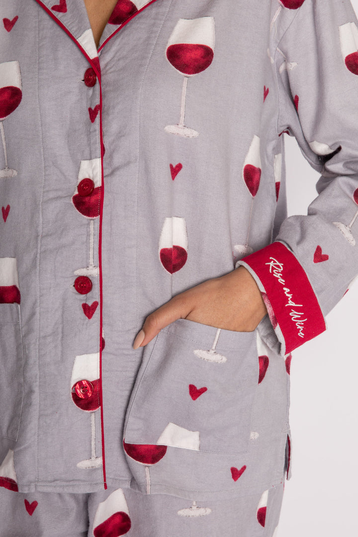 Light grey flannel pj set in cotton with red wine glass pattern. With matching hair wrap. (7231870140516)
