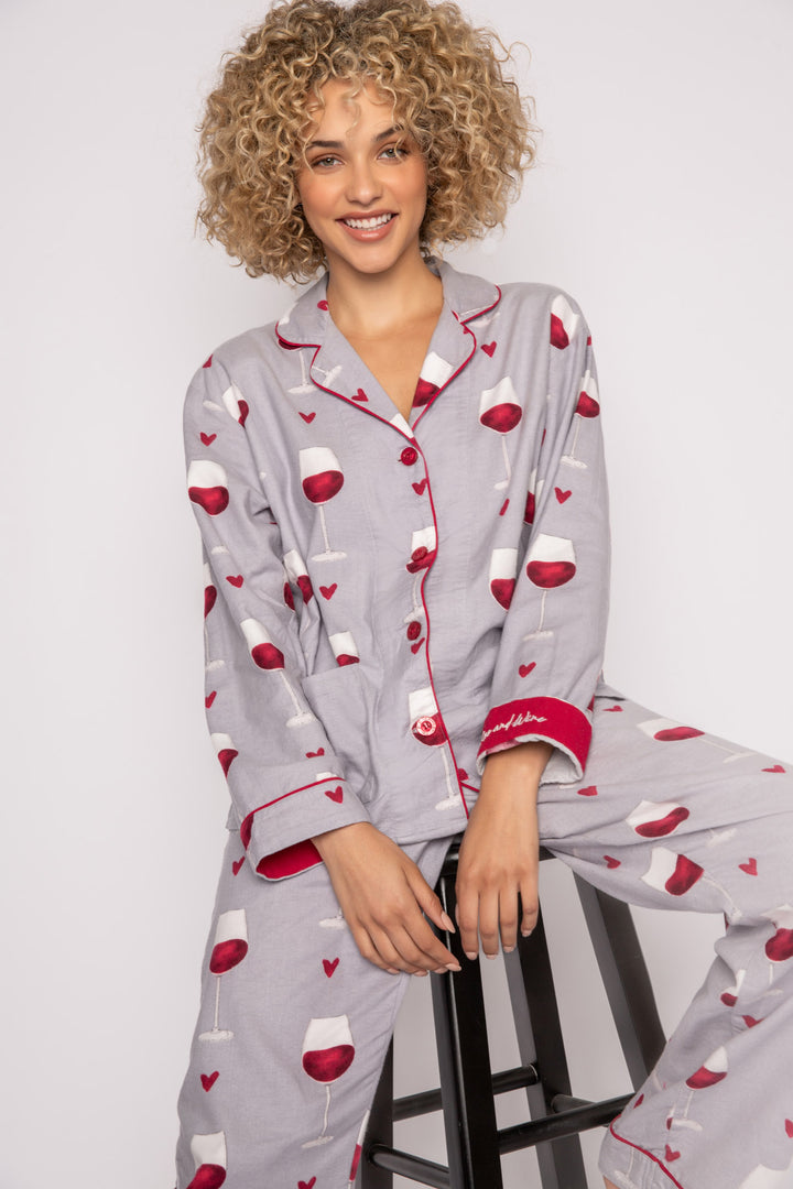 Light grey flannel pj set in cotton with red wine glass pattern. With matching hair wrap. (7231870140516)
