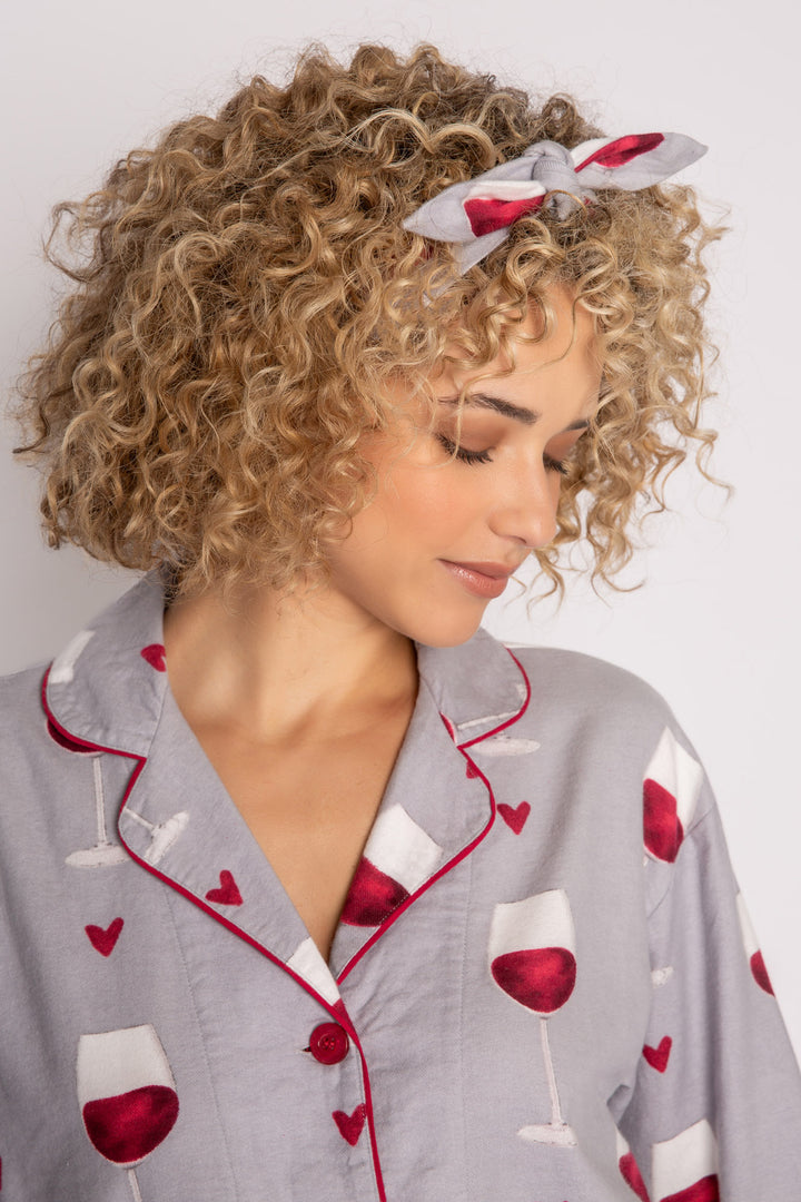 Light grey flannel pj set in cotton with red wine glass pattern. With matching hair wrap. (7231870140516)
