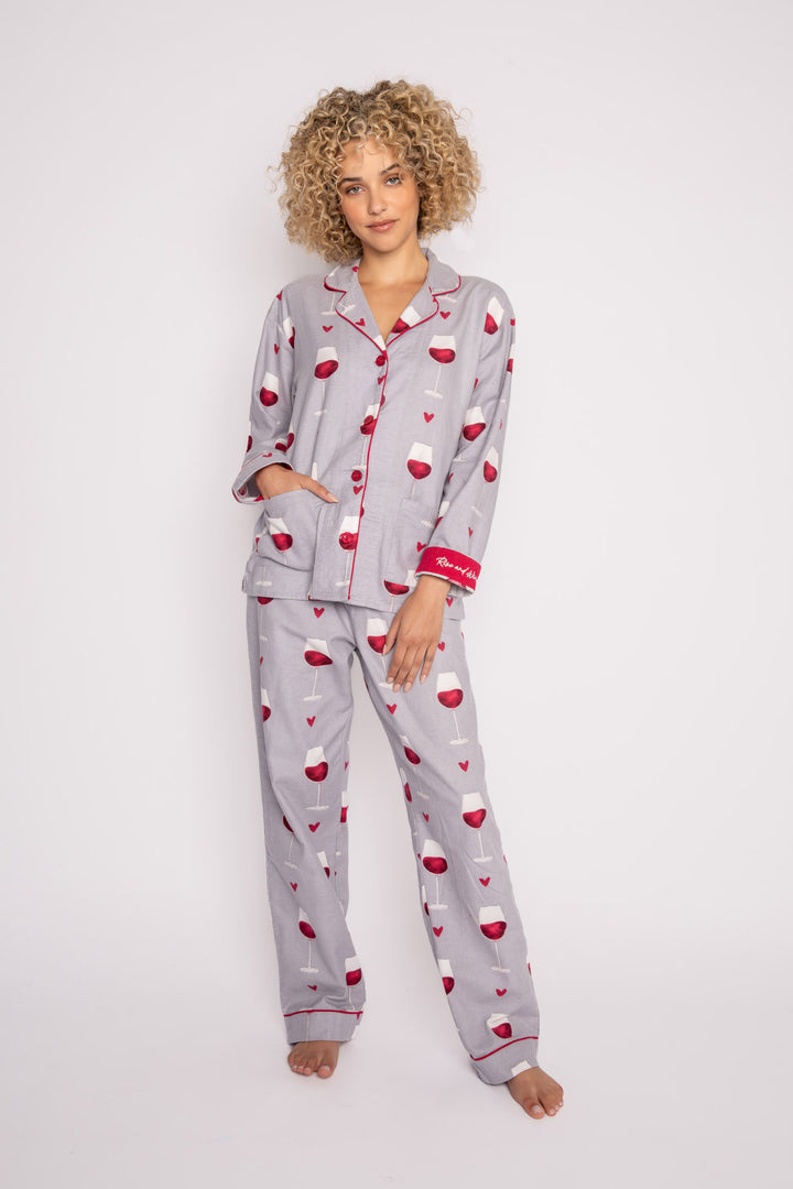 Light grey flannel pj set in cotton with red wine glass pattern. With matching hair wrap. (7231870140516)