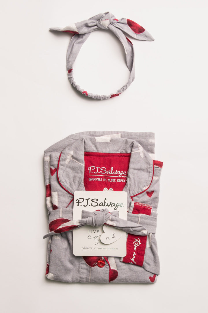 Light grey flannel pj set in cotton with red wine glass pattern. With matching hair wrap. (7231870140516)