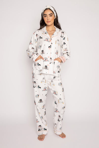 Ivory cotton flannel pajama set w/ cats & cocktails. Button top, pant & matching hair wrap. Embroidered cuff 'Pour it forward". (7231869943908)