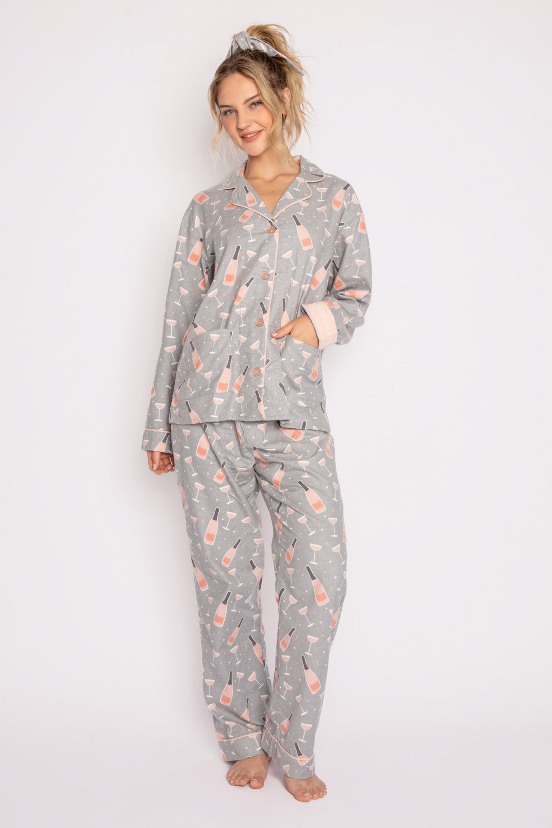 Cotton flannel pj set in silver-pink champagne print. Embroidered 'Sippin' bubbly, feelin' lovely' & hair wrap. (7231869878372)