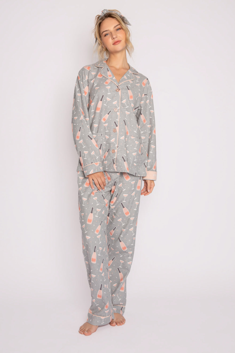 Cotton flannel pj set in silver-pink champagne print. Embroidered 'Sippin' bubbly, feelin' lovely' & hair wrap. (7231869878372)